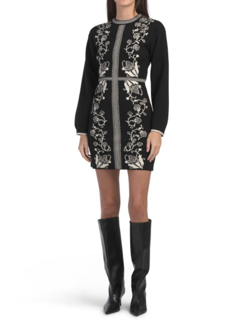 ZOE & CLAIRE Long Sleeve Crew Neck Placed Floral Sweater Mini Dress